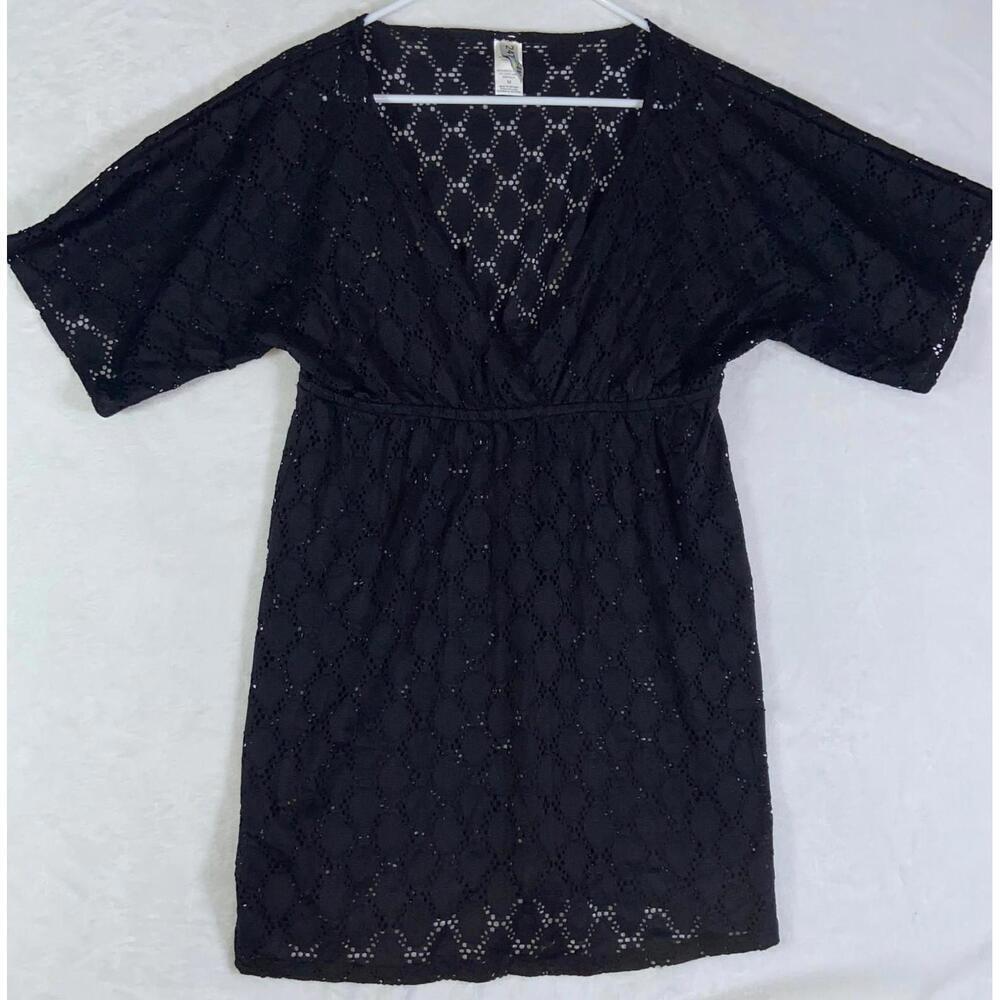 24th & Ocean Black Lace Swim Cover Deep V-neck Empire Waist Dolman Sleeve Beach